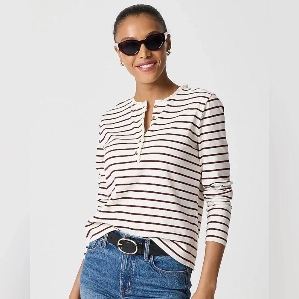 J crew ivory vintage burgundy Striped ruffle-collar henley